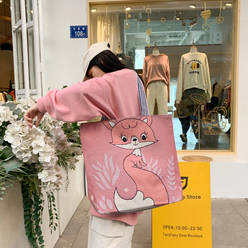 Cartoon Dogs Cats Canvas Tote Bag Big Size Shoulder Bag for Women Girls