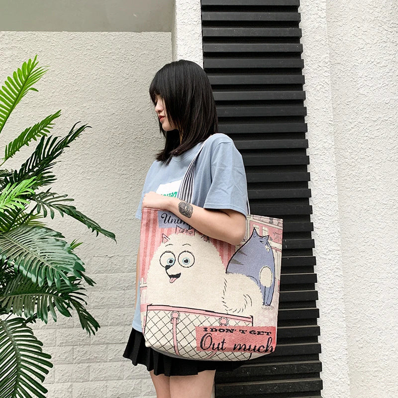 Cartoon Dogs Cats Canvas Tote Bag Big Size Shoulder Bag for Women Girls