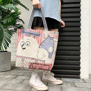 Cartoon Dogs Cats Canvas Tote Bag Big Size Shoulder Bag for Women Girls