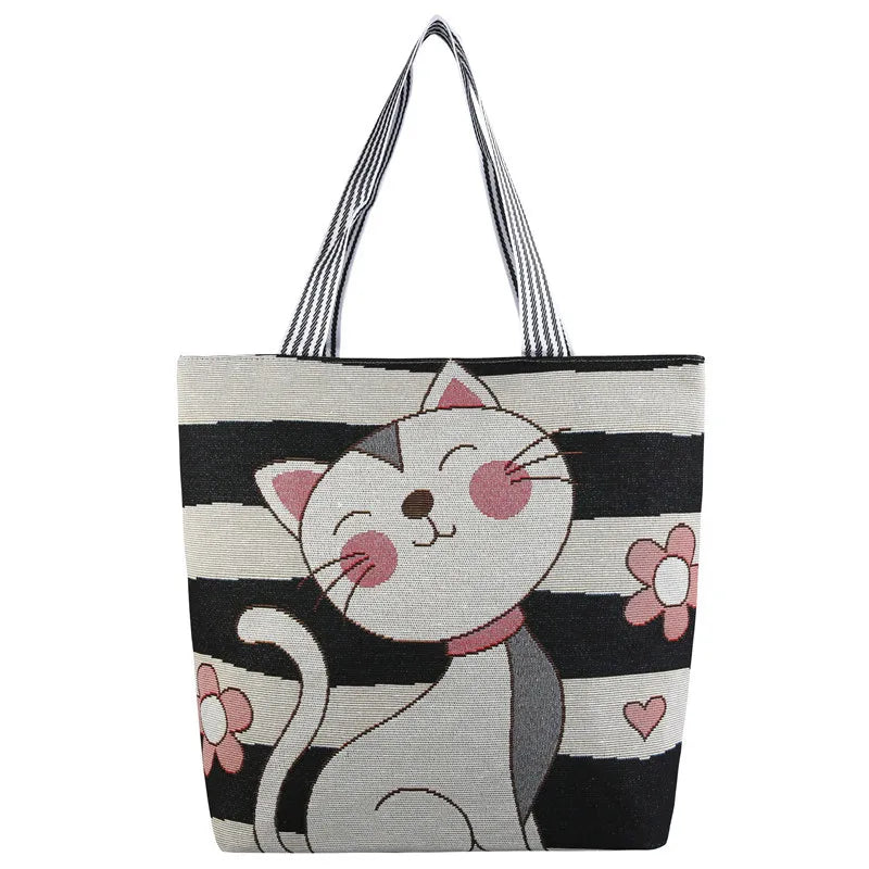 Cartoon Dogs Cats Canvas Tote Bag Big Size Shoulder Bag for Women Girls