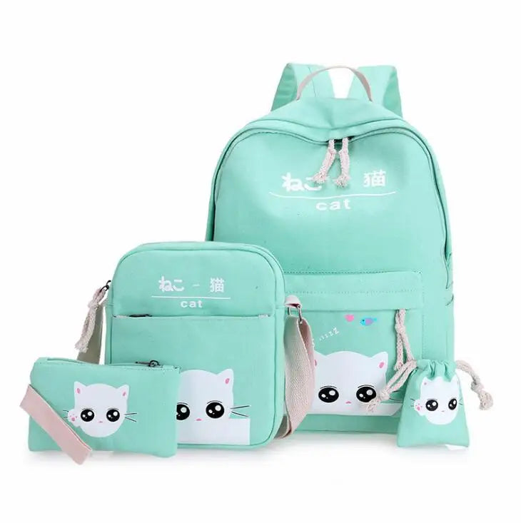 Cat Expression Canvas Backpack Set for Students