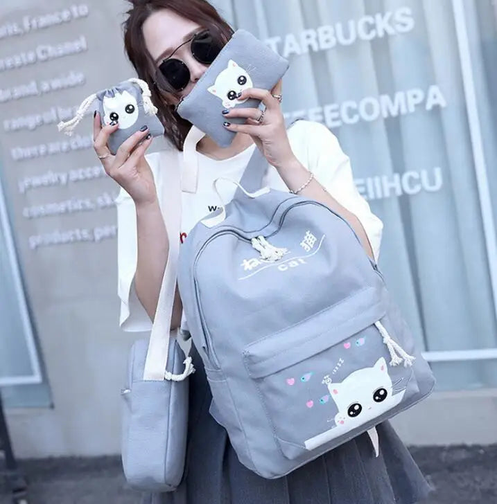 Cat Expression Canvas Backpack Set for Students
