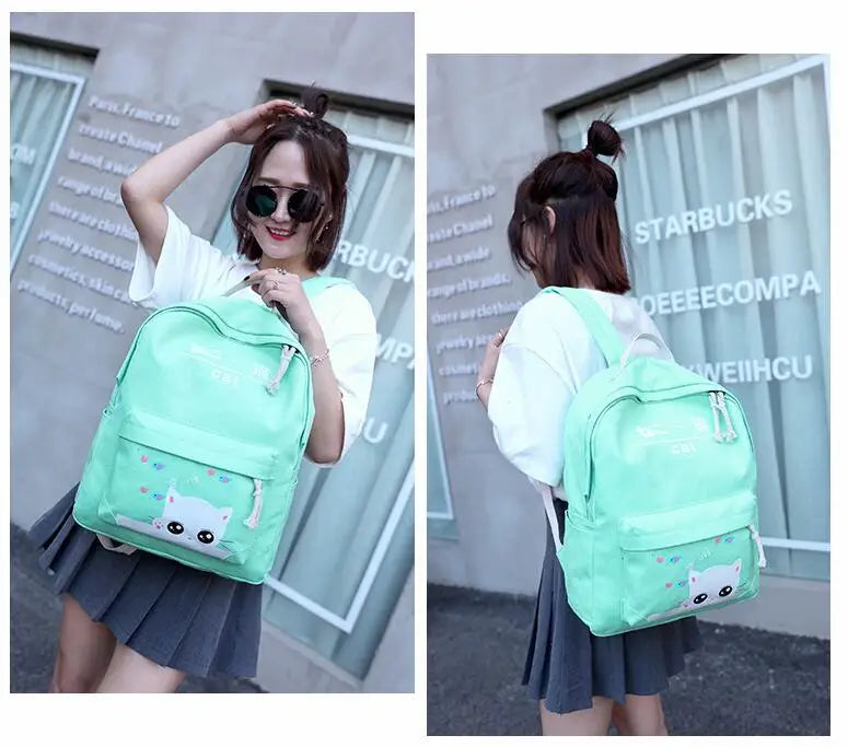 Cat Expression Canvas Backpack Set for Students