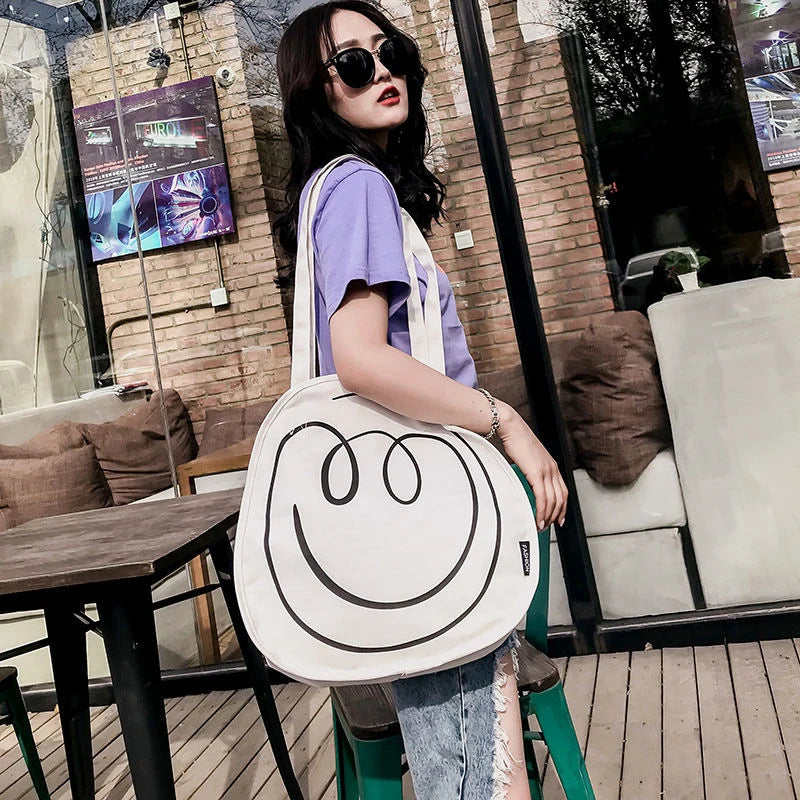 Cartoon Smile Shopping Bag Women Shoulder Bags Preppy Style Tote Handbags Purses