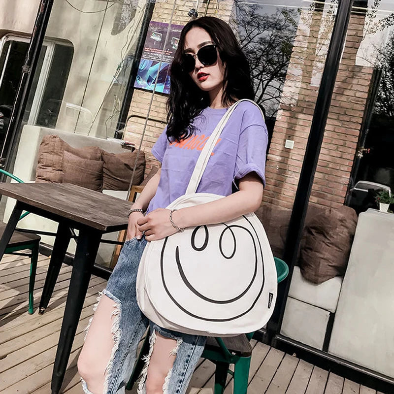 Cartoon Smile Shopping Bag Women Shoulder Bags Preppy Style Tote Handbags Purses