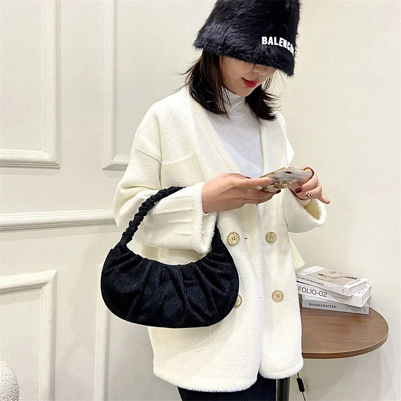 Casual Corduroy Women's Shoulder Bags Half Moon Handbags