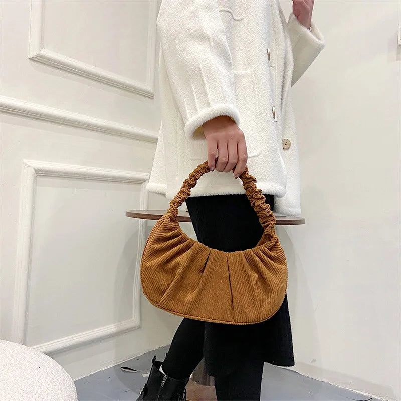 Casual Corduroy Women's Shoulder Bags Half Moon Handbags