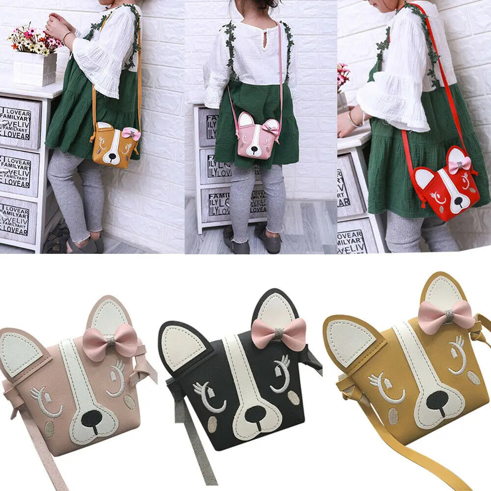 Kids Bowknot Dog Shoulder Bag Baby Purse PU Leather Messenger Bag