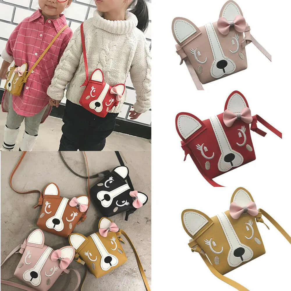 Kids Bowknot Dog Shoulder Bag Baby Purse PU Leather Messenger Bag