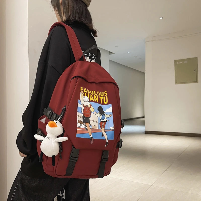 Cartoon Printed Backpack Women College Student Bag Nylon Waterproof Backpacks