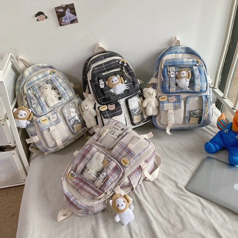 Grid Backpack Women Waterproof High School Bags for Teenage Girl