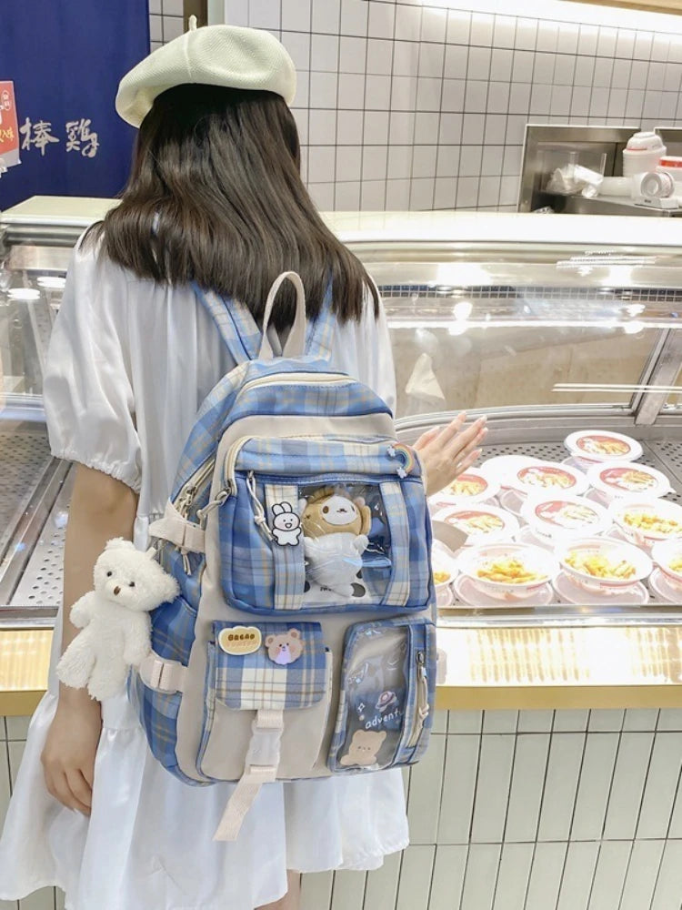 Grid Backpack Women Waterproof High School Bags for Teenage Girl