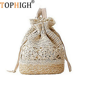Printed Straw Beach Backpack Floral Double Shoulder Bag