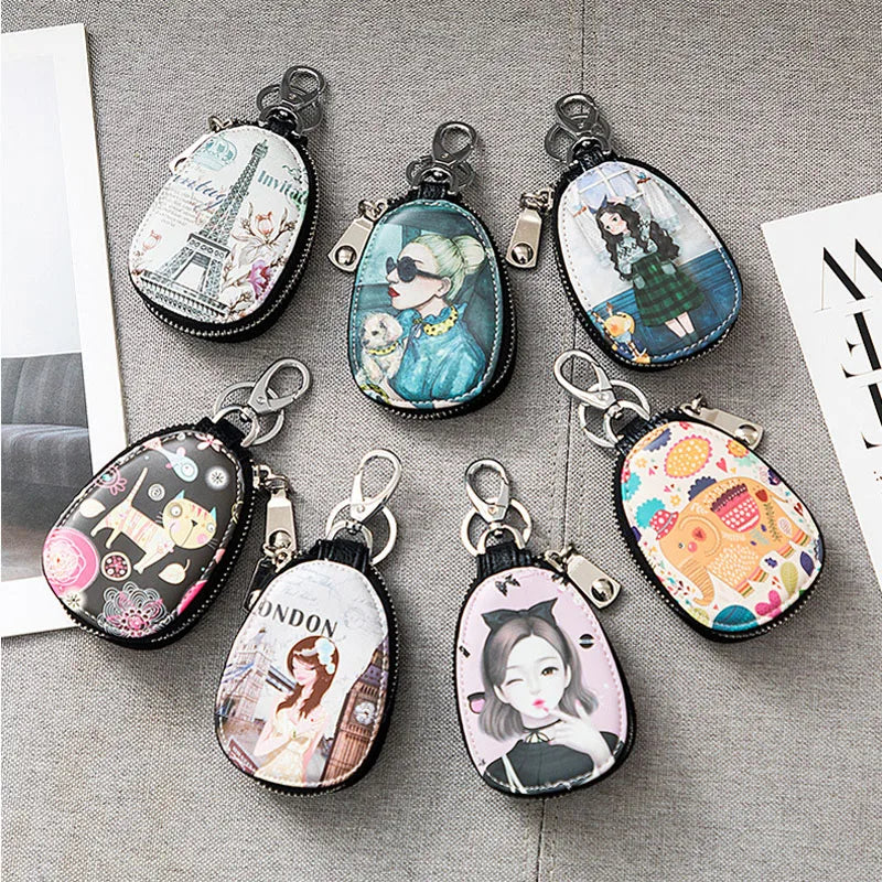 Cartoon Key Bag for Women Small Leather Key Wallet Zipper Pouch