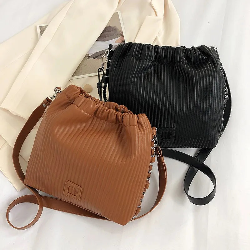 Plicated Leather Shoulder Bag for Women Handbag Totes Purse Satchel