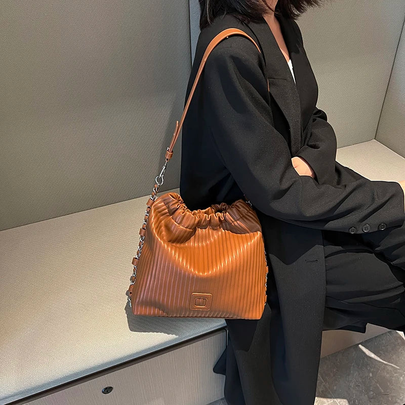 Plicated Leather Shoulder Bag for Women Handbag Totes Purse Satchel
