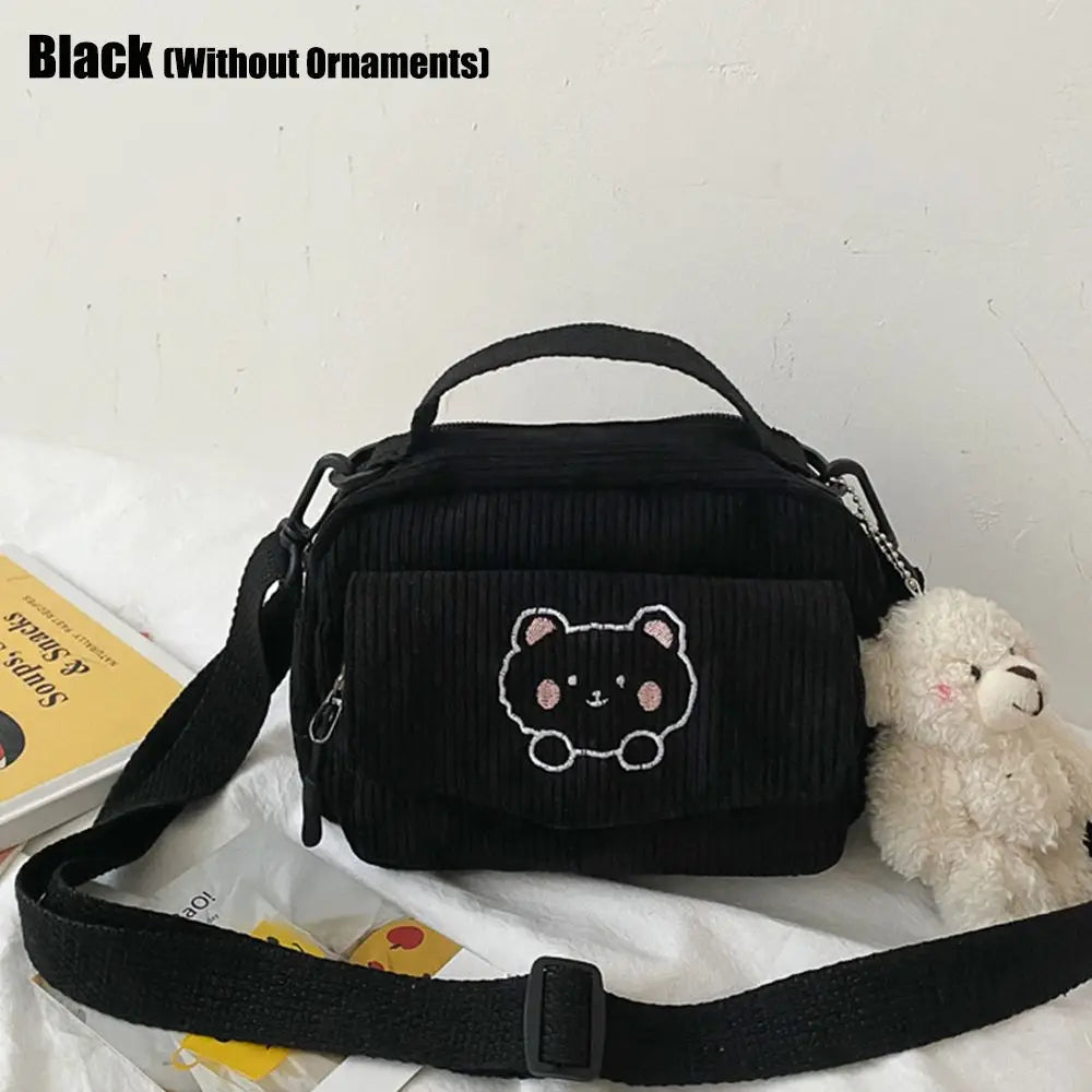Corduroy Cartoon Student Tote Bear Print Shoulder Crossbody Bags
