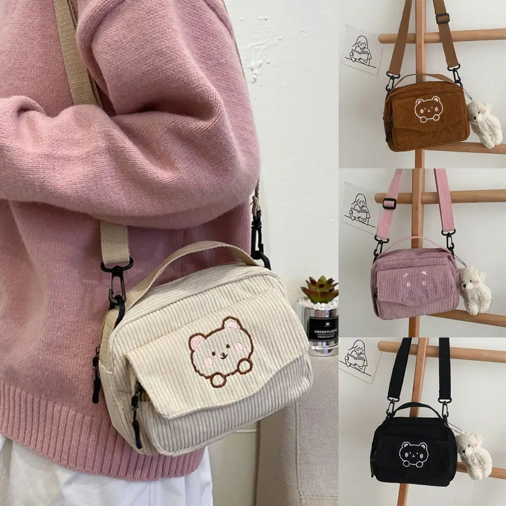 Corduroy Cartoon Student Tote Bear Print Shoulder Crossbody Bags
