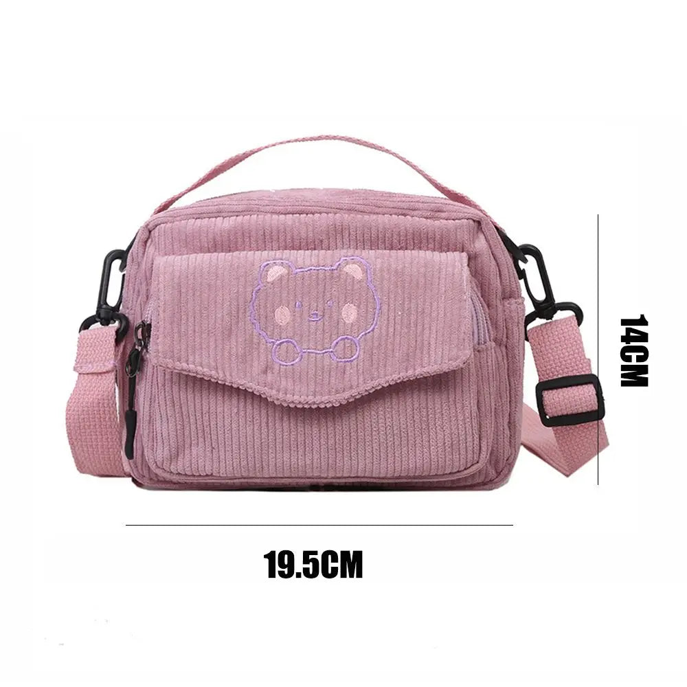 Corduroy Cartoon Student Tote Bear Print Shoulder Crossbody Bags