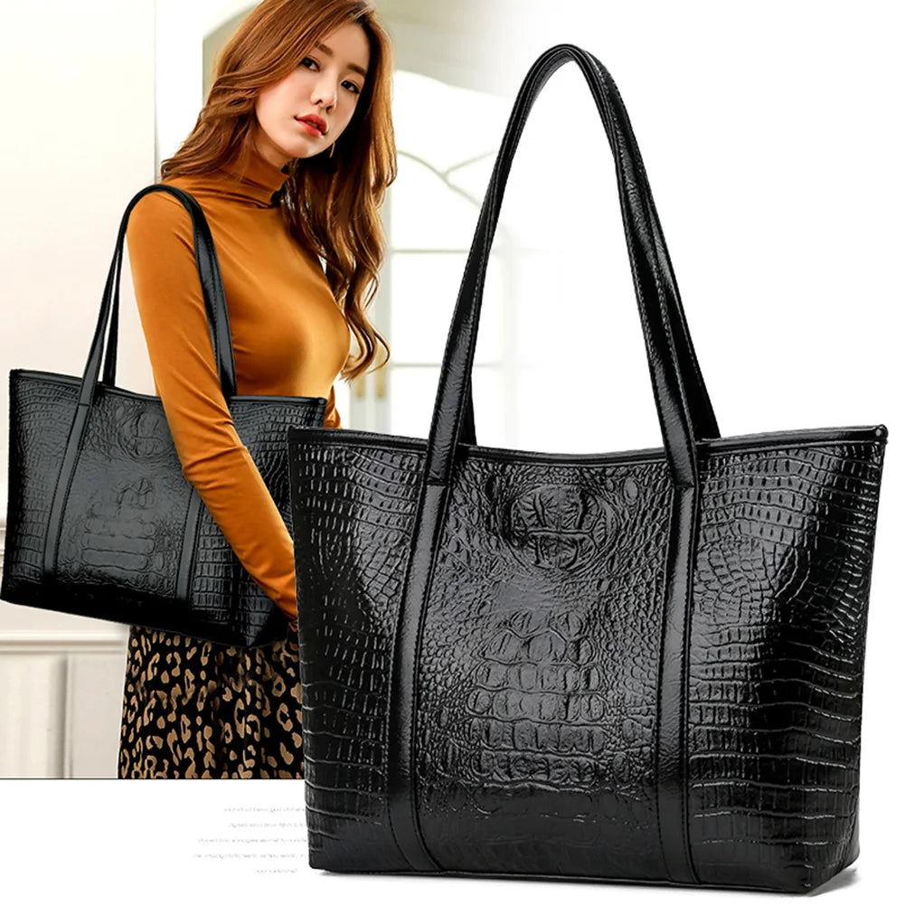 Women Large Capacity Crocodile Leather Shoulder Bag