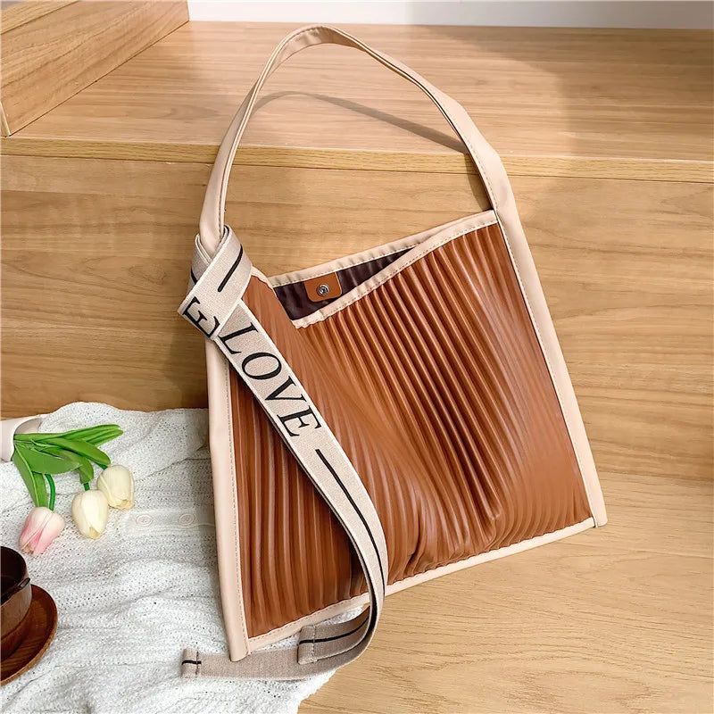 Pleated Shoulder Bag Ribbon Strap Tote Bag Large Capacity Shopper Bag