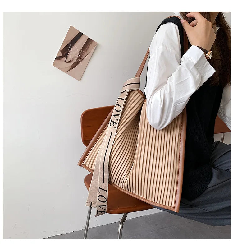 Pleated Shoulder Bag Ribbon Strap Tote Bag Large Capacity Shopper Bag