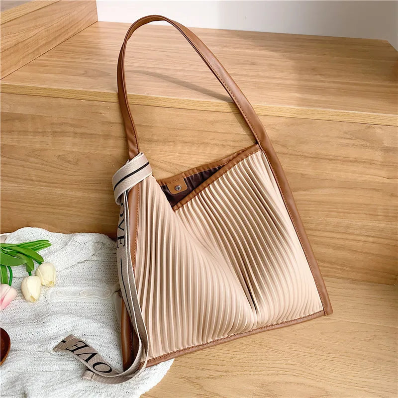 Pleated Shoulder Bag Ribbon Strap Tote Bag Large Capacity Shopper Bag