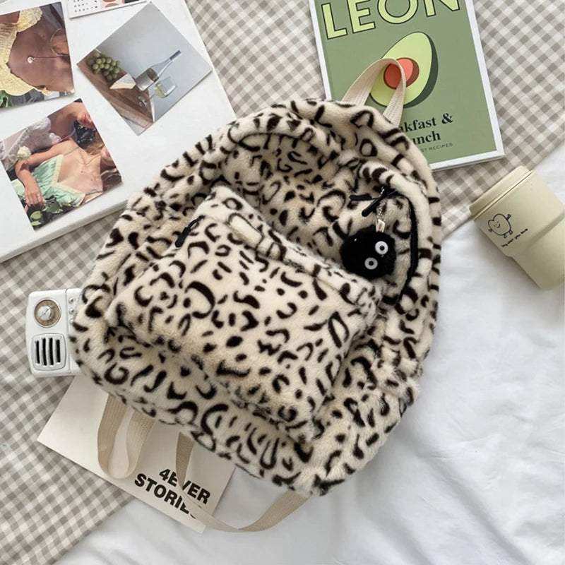 Leopard Print Plush Backpack Large Capacity School Bag
