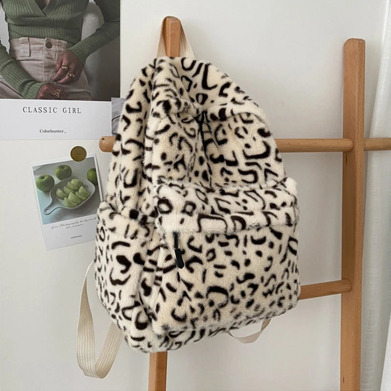 Leopard Print Plush Backpack Large Capacity School Bag
