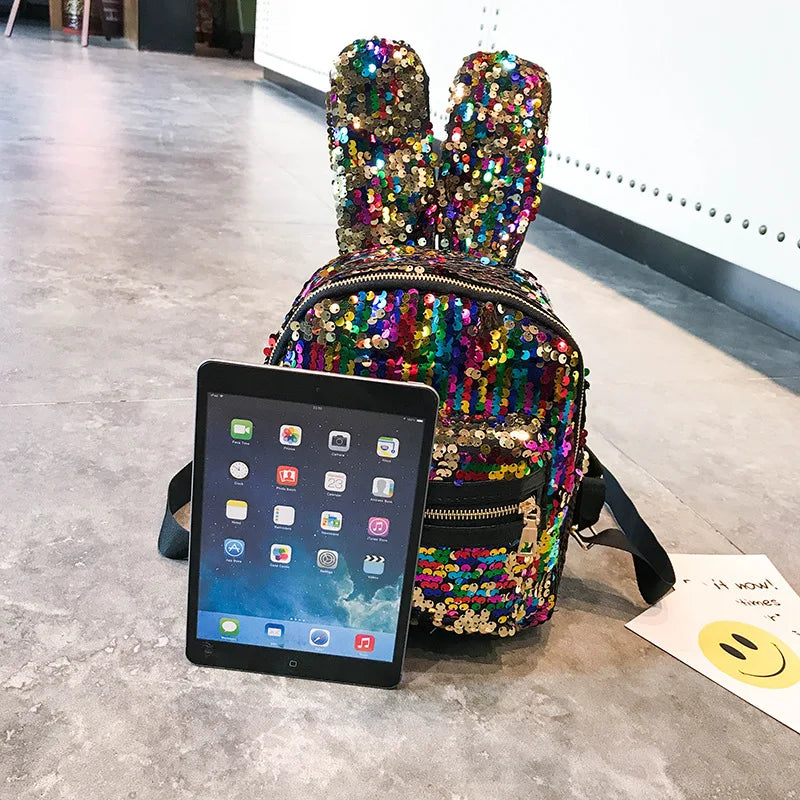 Colorful Sequined Rabbit Ears Backpack for Anime Fans