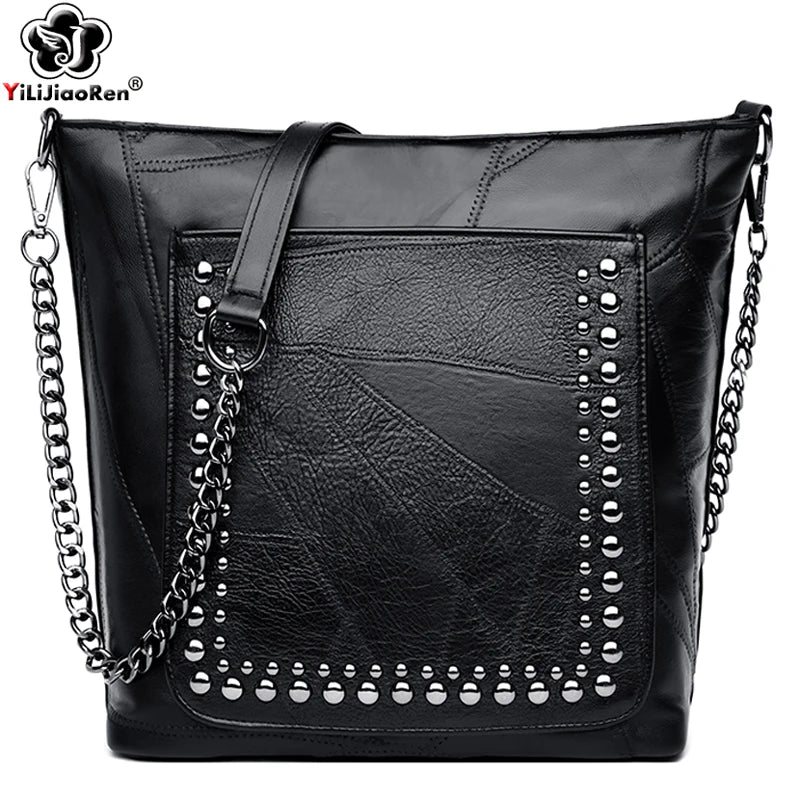 Rivet Crossbody Bag Leather Chain Messenger Large Shoulder Bags