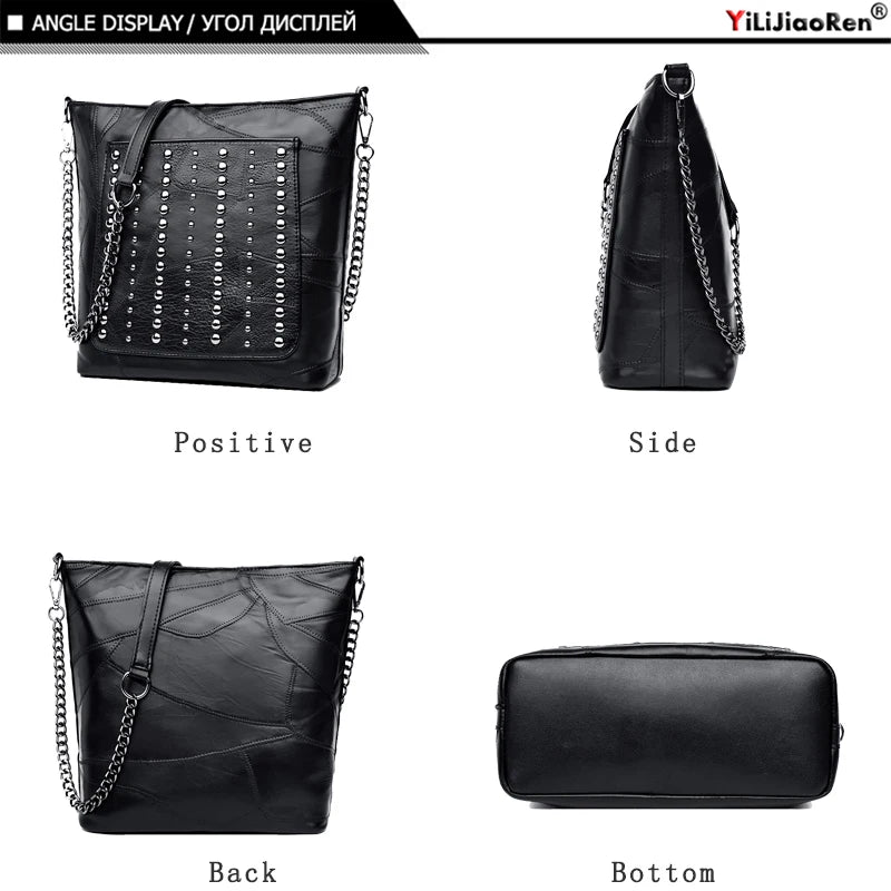 Rivet Crossbody Bag Leather Chain Messenger Large Shoulder Bags