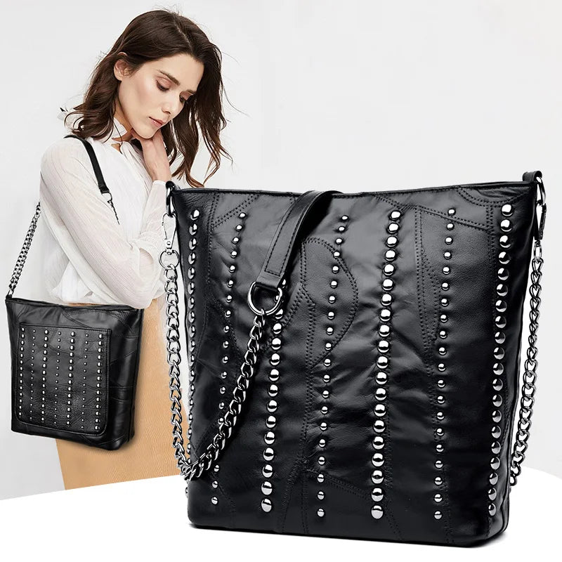 Rivet Crossbody Bag Leather Chain Messenger Large Shoulder Bags