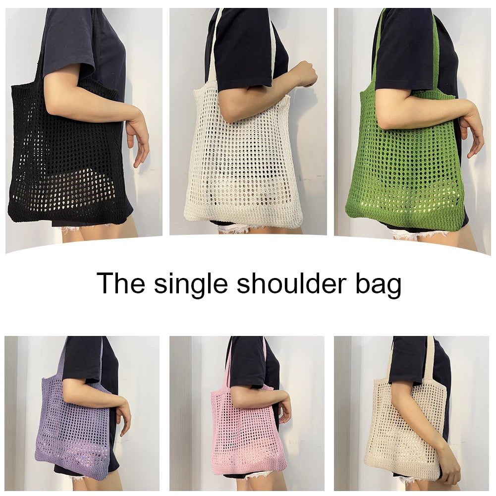 Hollow Knitted Shoulder Bag Crochet Tote Handbag Beach Bag