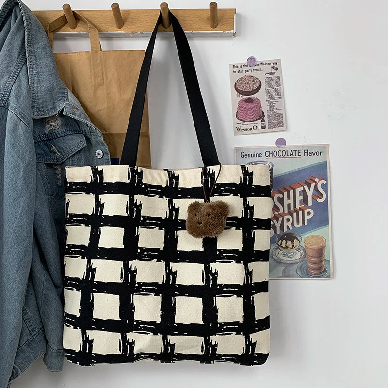 Women Shoulder Bags Plaid Handbag Student School Large Capacity Totes Canvas Bag