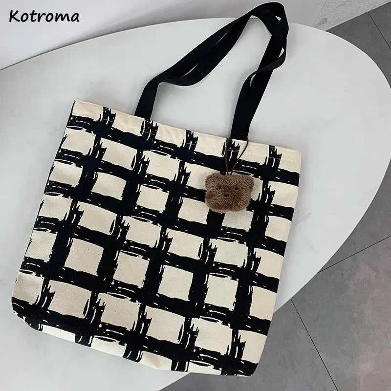 Women Shoulder Bags Plaid Handbag Student School Large Capacity Totes Canvas Bag