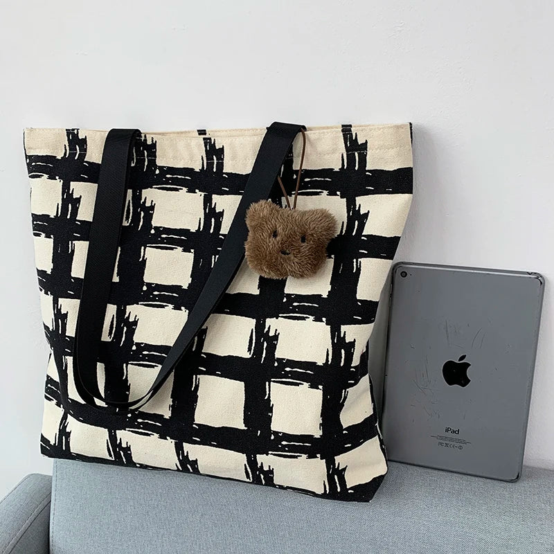 Women Shoulder Bags Plaid Handbag Student School Large Capacity Totes Canvas Bag