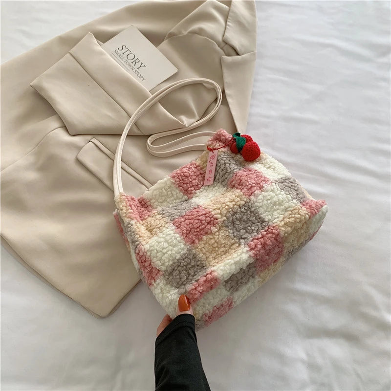 Furry Woolen Women Handbag Top Handle Satchel Totes Cross Body Bag