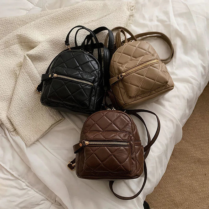 Mini Backpack Diamond Lattice Embroidered Thread Travel Schoolbag for Teen Girls