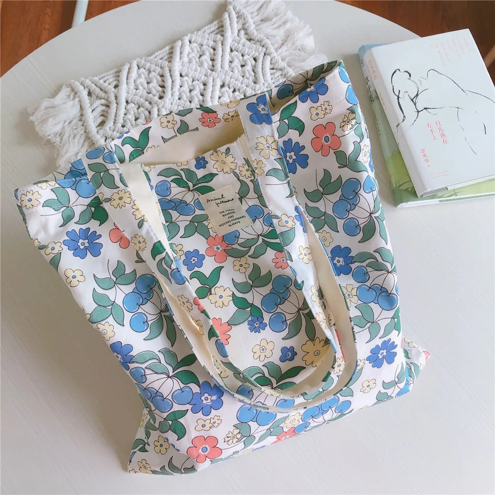 Fresh Flower Cotton Rag Bag Large Capacity Eco Tote Summer Shoulder Bag