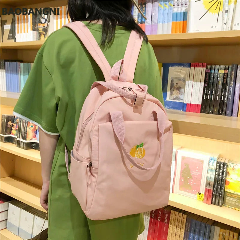 Fruit Embroidery Women Backpack Waterproof Nylon Solid Shoulder Bag