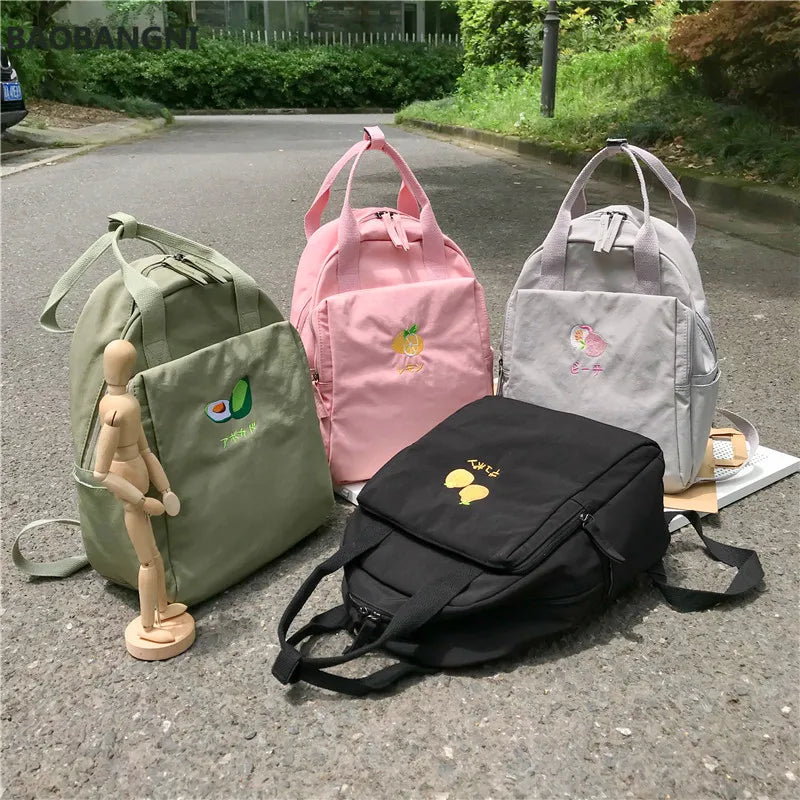 Fruit Embroidery Women Backpack Waterproof Nylon Solid Shoulder Bag