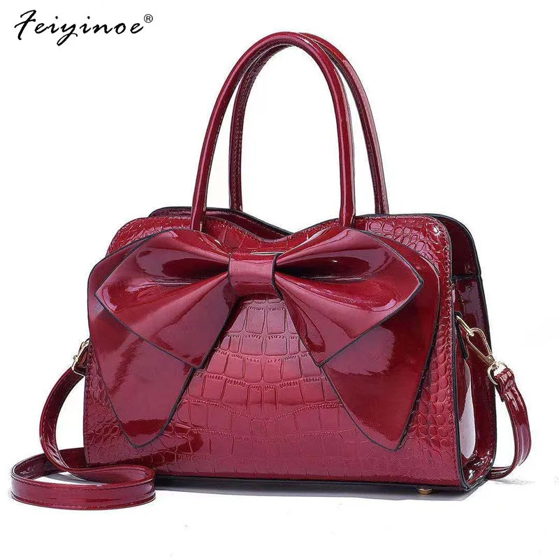 Crocodile Grain Shoulder Bag with Bow Detail