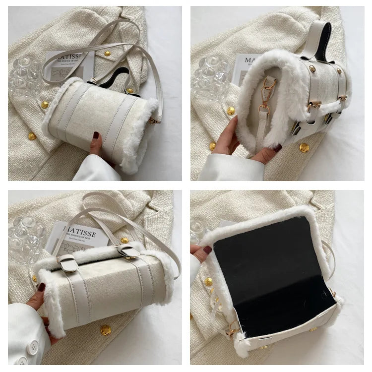 Women's Plush Messenger Bag Solid Shoulder Purse Square PU Leather