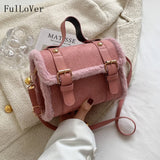 Women's Plush Messenger Bag Solid Shoulder Purse Square PU Leather