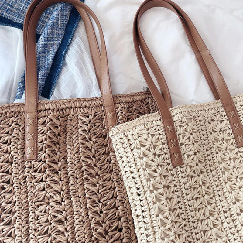 Women's Hollow Out Straw Shoulder Bag Large Capacity Rattan Totes Bag