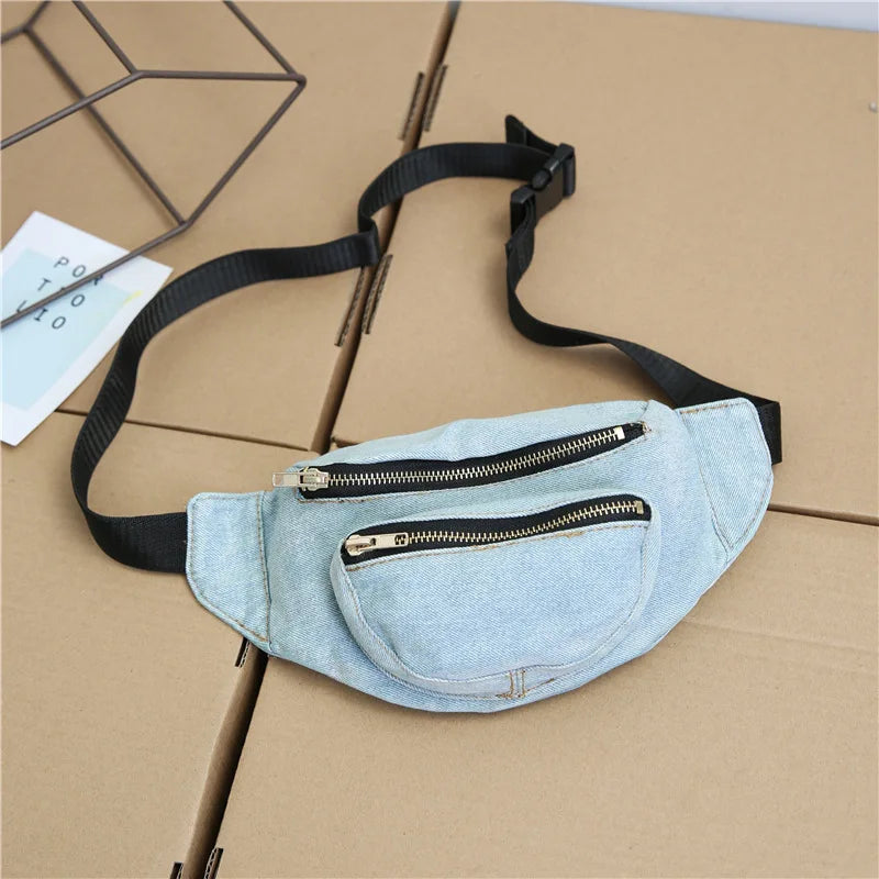 Ins Fire Belt Bag All Match Crossbody Bag Washed Denim Waist Bag