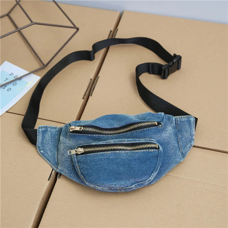 Ins Fire Belt Bag All Match Crossbody Bag Washed Denim Waist Bag