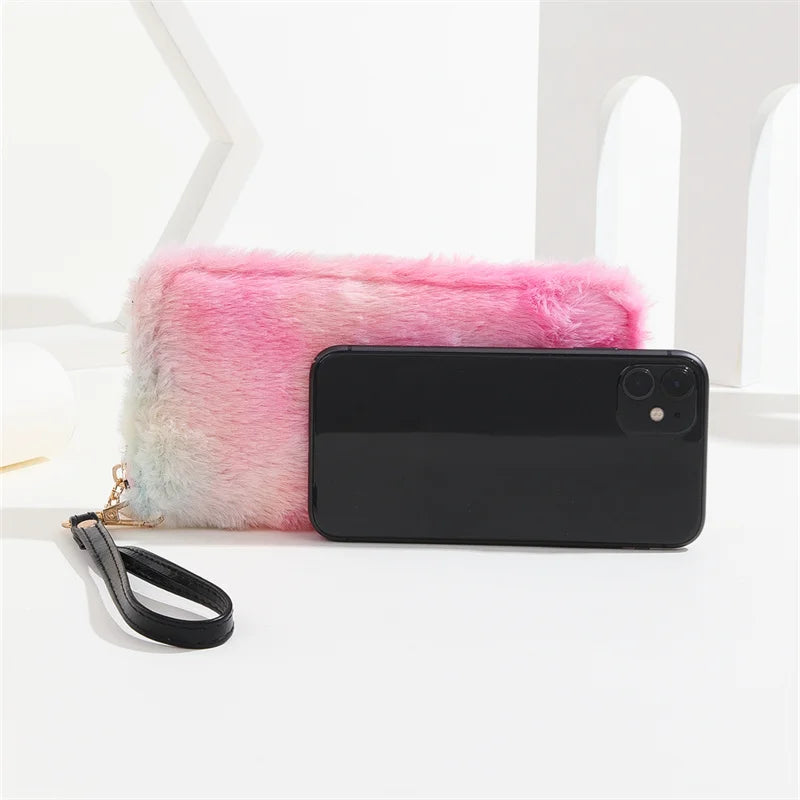 Ladies Plush Long Wallet Large Capacity Clutch Zipper Cell Phone Bag