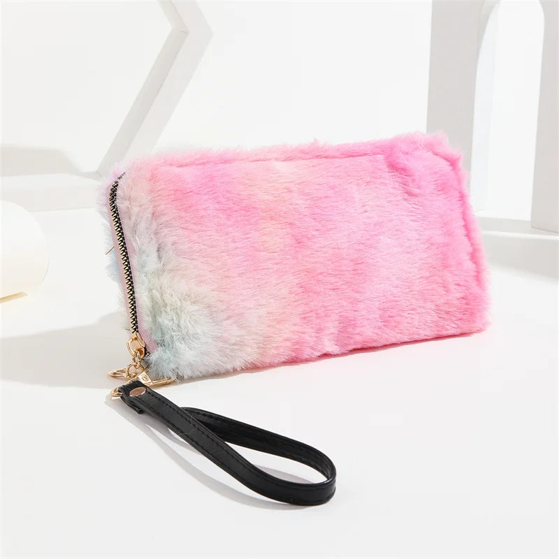 Ladies Plush Long Wallet Large Capacity Clutch Zipper Cell Phone Bag
